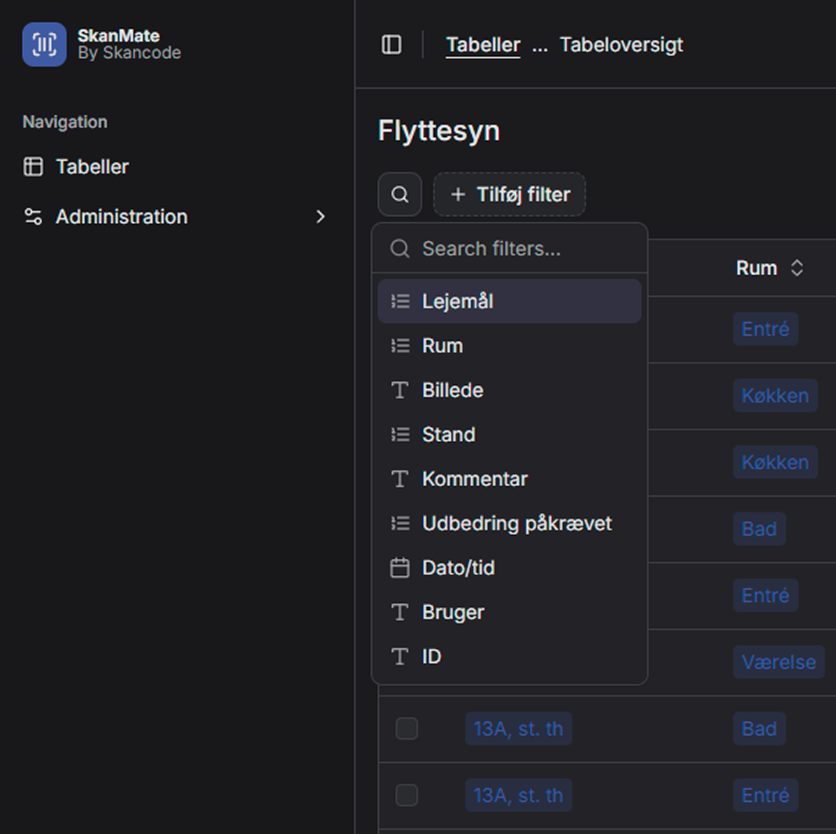 Filtrering af data i tabel i SkanMate