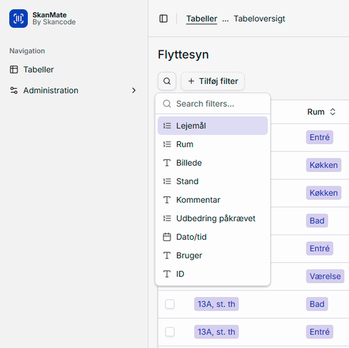 Filtrering af data i tabel i SkanMate